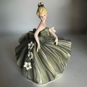 Vintage Lefton Dancing Lady Figurine Planter Blonde in Sage Green Gown #2908